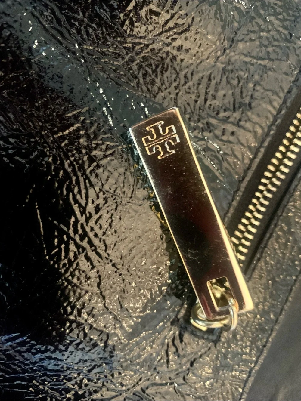 Tory Burch Black Patent Leather Clutch with Gold Logo Accent